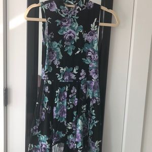 Floral, high neck, open back dress